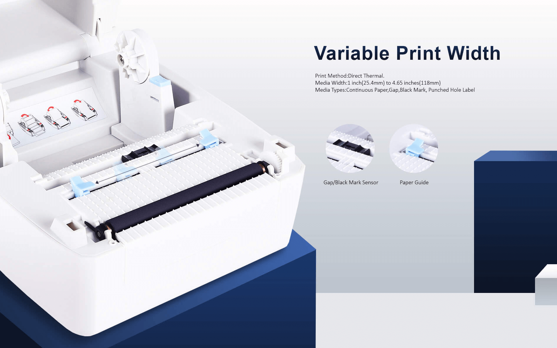An open barcode printer showing its internal components like the paper guide and sensor.