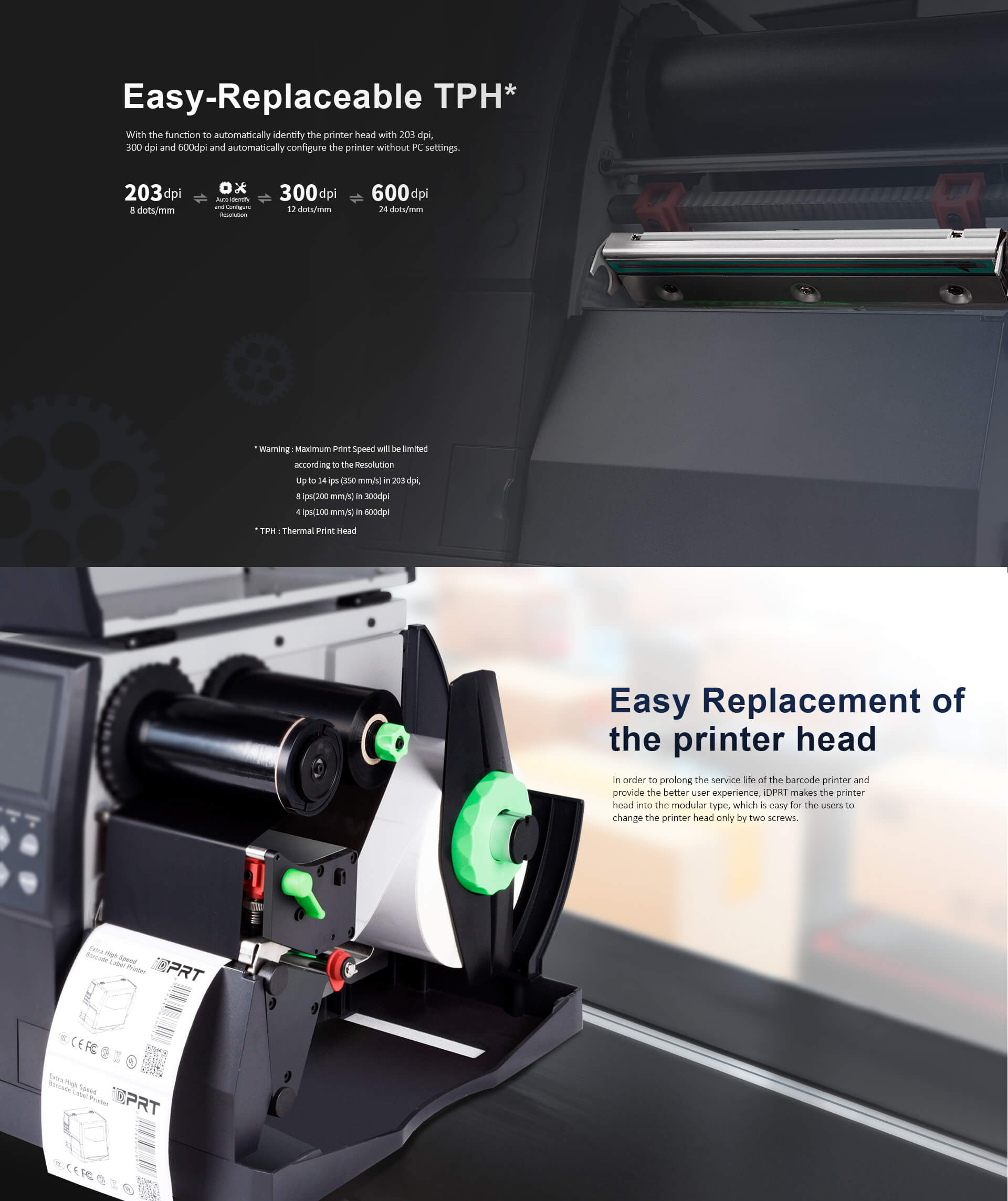 203dpi, 300dpi, 600dpi, 4 inch RFID tag printer